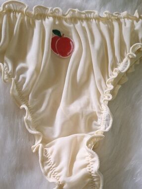 Yellow Sheer Ruffle Bikini Panties With Embroidered Peach Patch